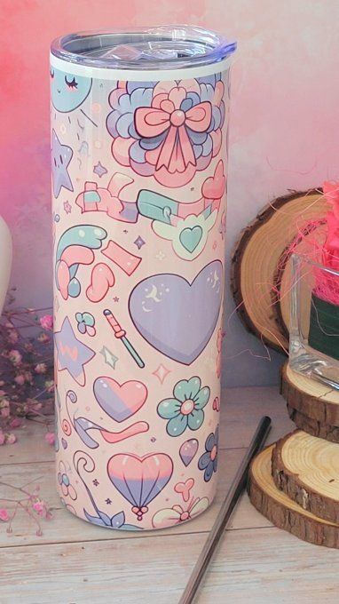 Tumbler en acier kawaii rose,bleu,mauve