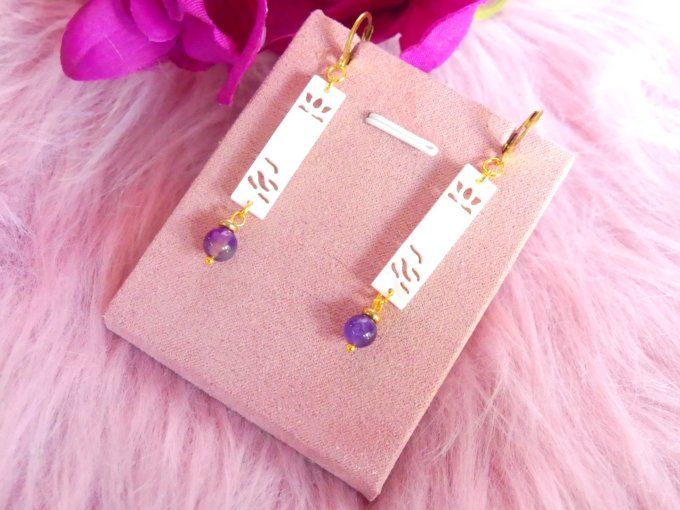 Boucles d'oreilles barettes de nacre en acier doré et améthyste