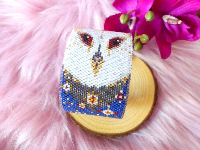 Bracelet jonc tissé perles miyuki Hibou blanc